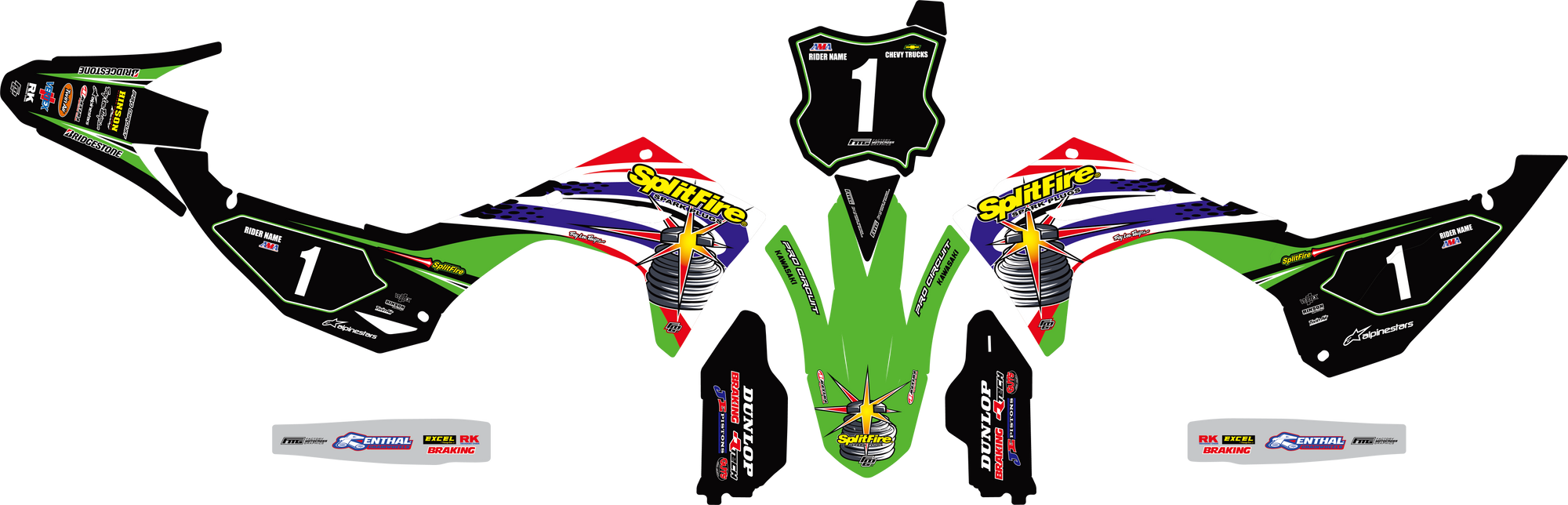 KAWASAKI Splitfire Team GRAPHICS Kit KX KLX KXF Factory Motocross Graphics