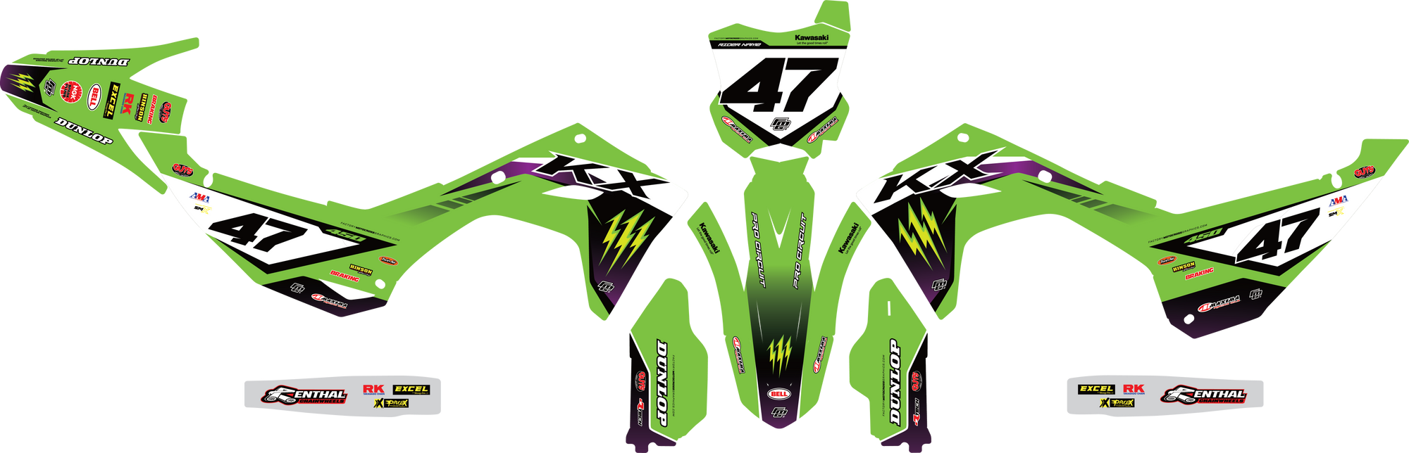 FACTORY KAWASAKI GRAPHICS LK EDITION KX KXF KLX BLACK & GREEN TEAM GRAPHICS KIT FACTORY MOTOCROSS GRAPHICS