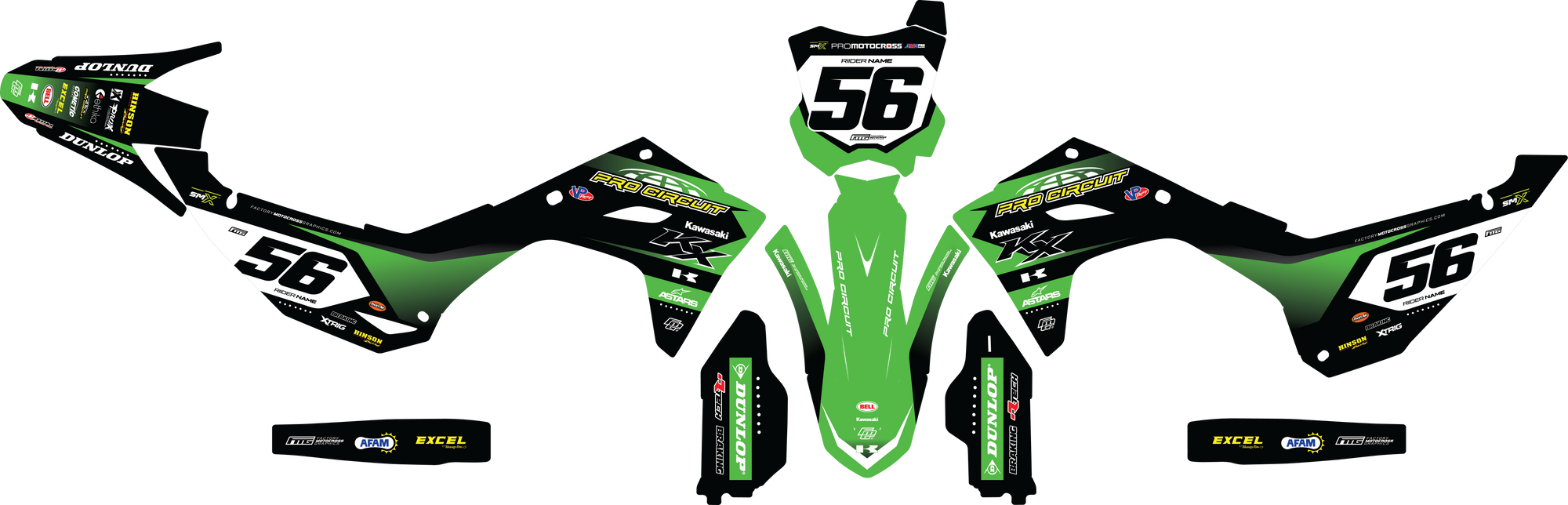 KAWASAKI KXF KX ProCircuit Black & Green Team GRAPHICS KIT FACTORY MOTOCROSS GRAPHICS
