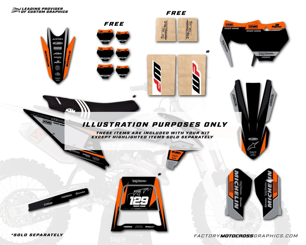 Past op KTM SX / SXF Volta Grey Graphics Kit
