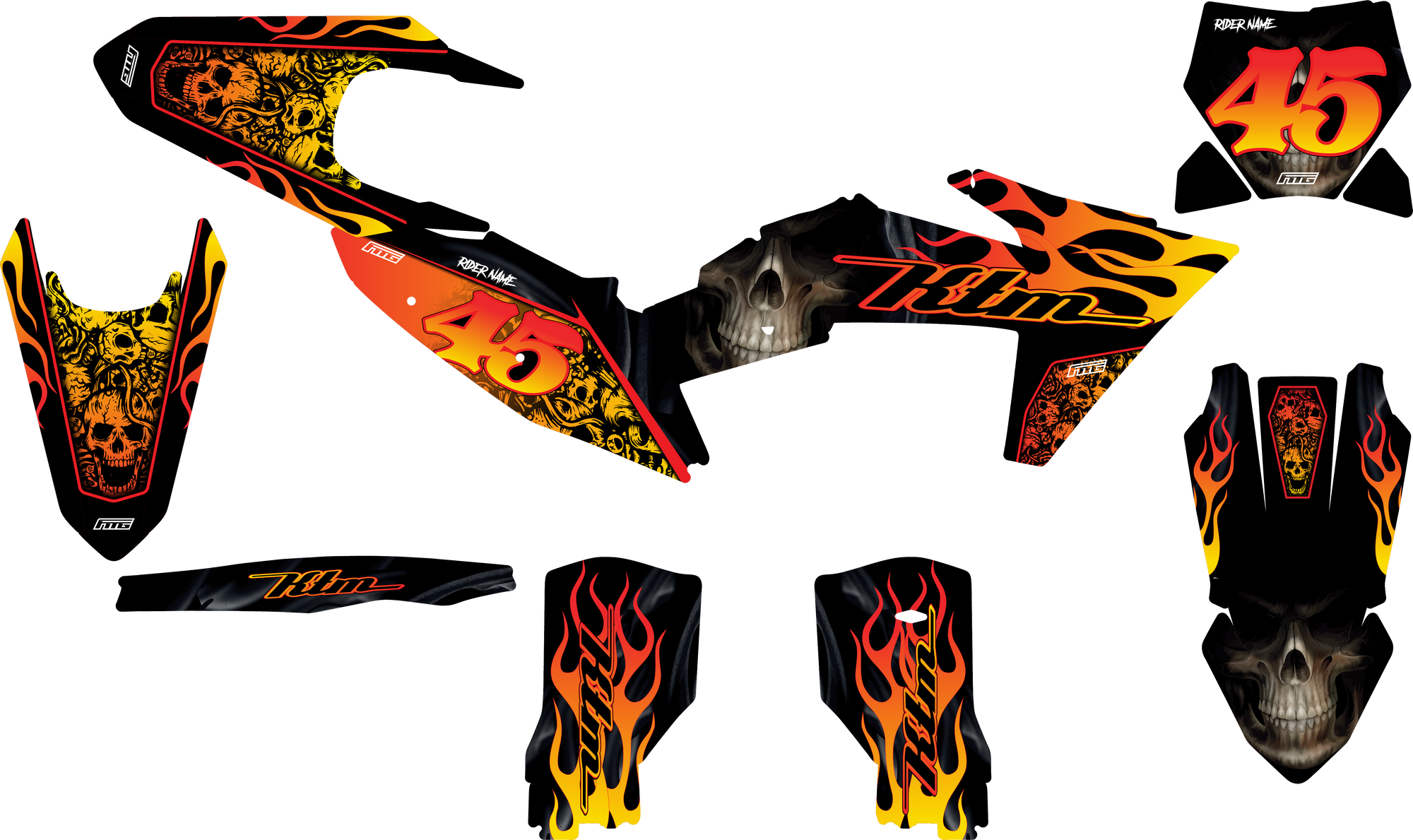 Sculls Flames & Thunder Graphics Kit.  KTM SX SXF EXC EXCF XCW XCEW XC XCE XCE Factory Motocross Graphics