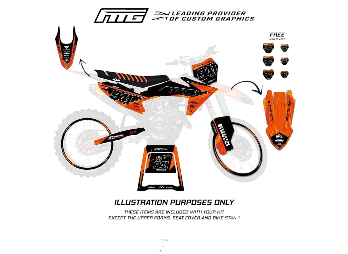 Arcanine Orange & Black Graphics Kit.  KTM SX SXF EXC EXCF XCW XCEW XC XCE XCE Factory Motocross Graphics