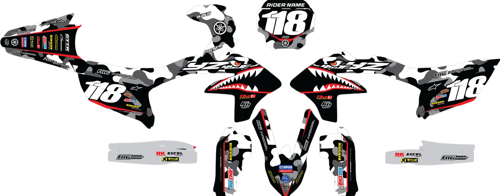 Shark Mouth CAMOUFLAGE  GRAPHICS KIT. YAMAHA YZ YZF PW TR WR WRF  FACTORY MOTOCROSS GRAPHICS