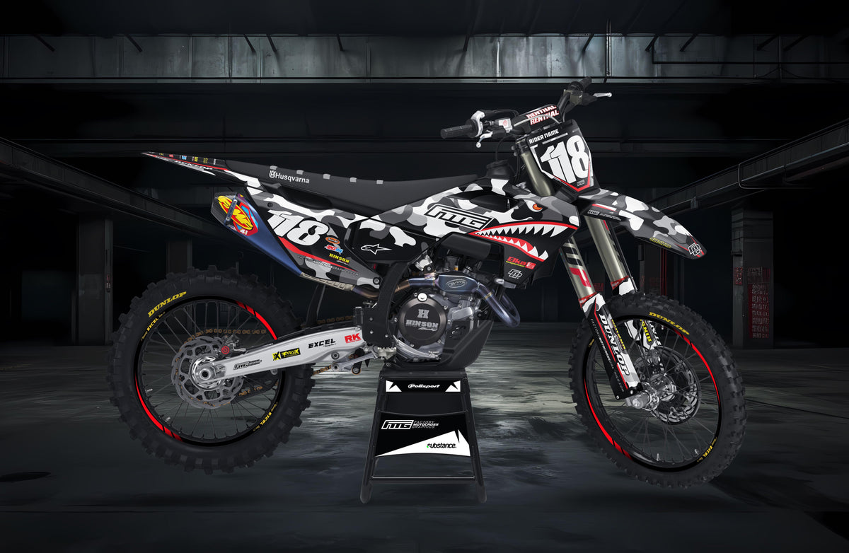Shark Mouth CAMOUFLAGE  GRAPHICS KIT. Husqvarna TC FC TE FE TX FX WR FACTORY MOTOCROSS GRAPHICS